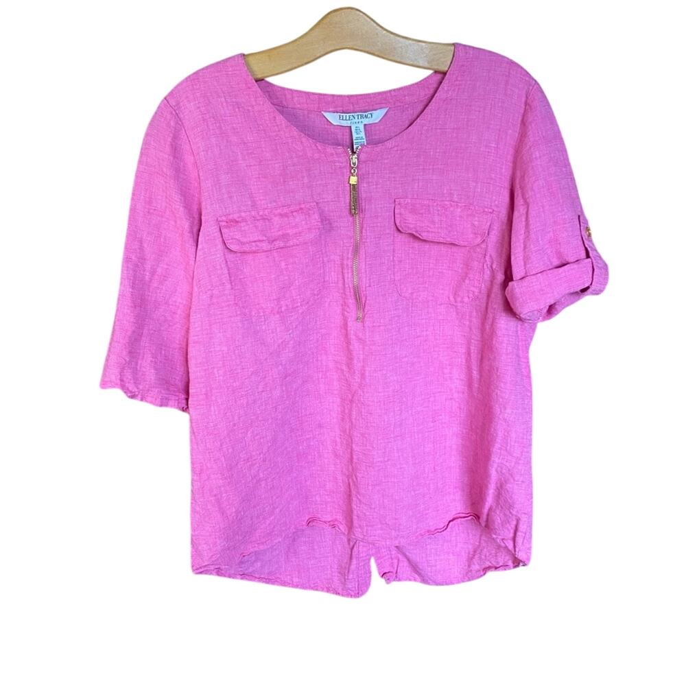 Ellen Tracy Pink Linen Boxy 3/4 Sleeve Blouse with gold tassel zipper laege